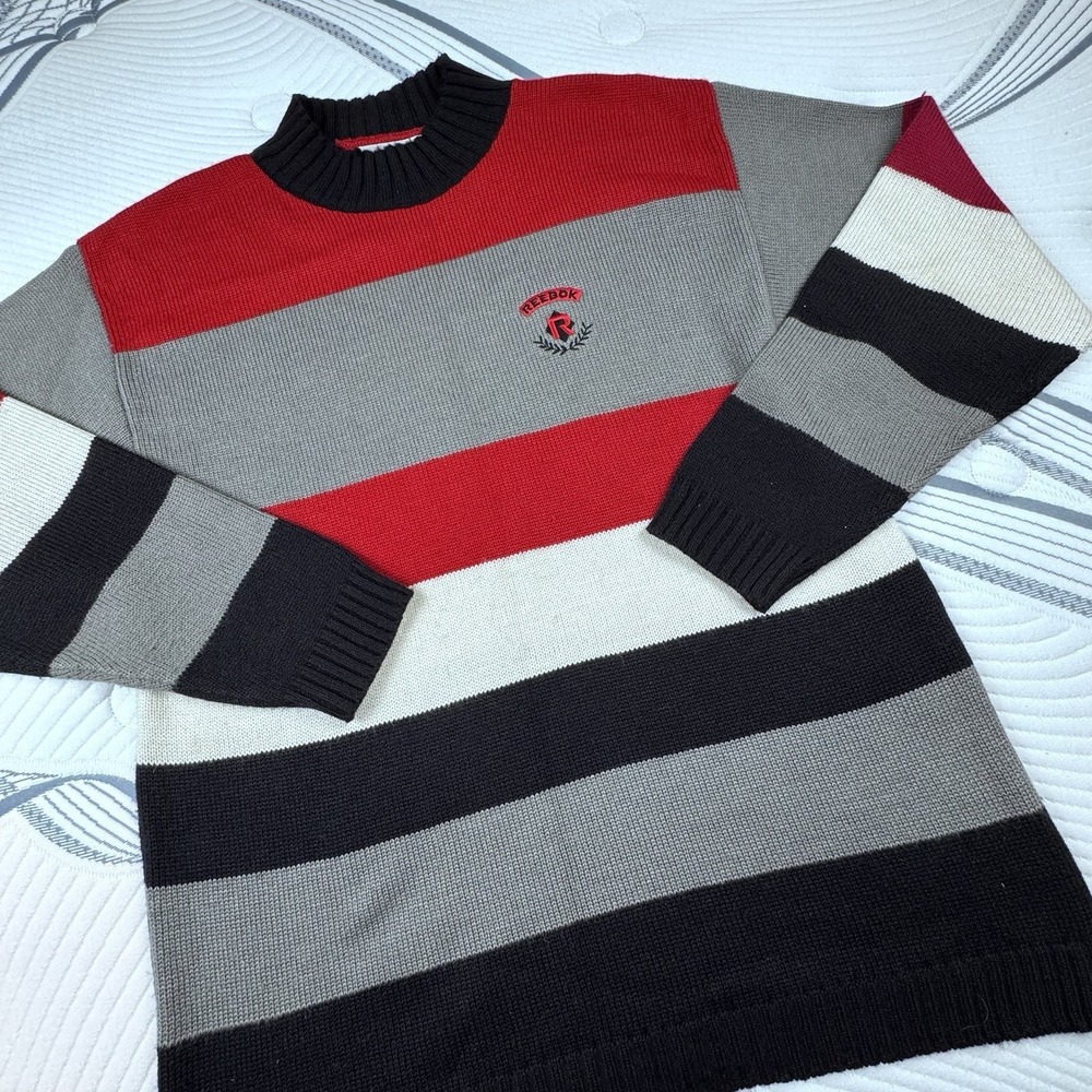 Vintage 90s Reebok Sweater Men Lg Wool Blend Embroidered Y2K Striped Crewneck